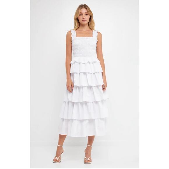 NWT English Factory Smocked Bust Multi Ruffles Maxi Gown  White Size Large L - Picture 2 of 11